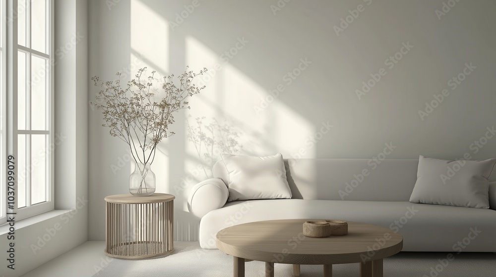 A clean, simple room with white walls and a light gray sofa. A round wooden coffee table and a large window offer a minimalist yet cozy feel, with soft sunlight streaming in.