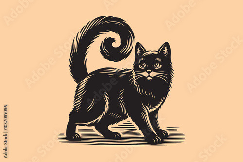Cute fluffy black cat with a long tail. Vintage vector engraving illustration, emblem, logo