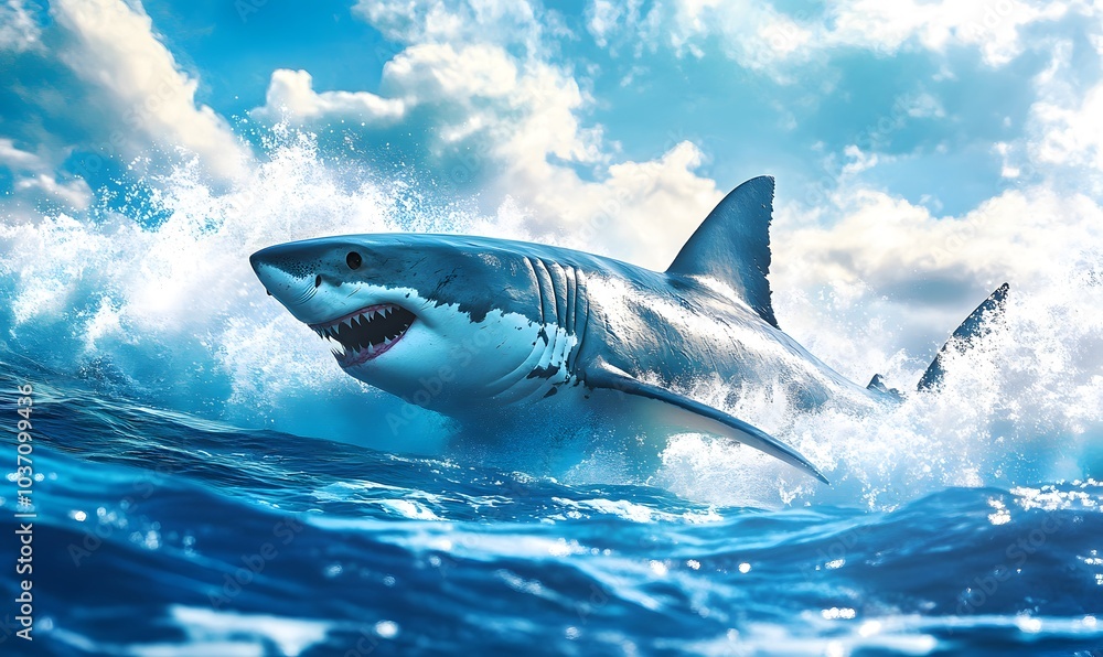 Fototapeta premium _Shark_with_pointed_fins_skipping_in_blue_ocean_water,generation AI