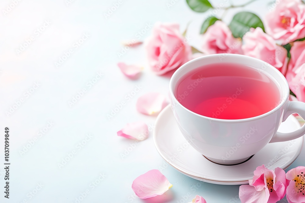 A serene cup of pink tea surrounded by delicate rose petals and blooms, perfect for refreshing moments or peaceful relaxation. A serene cup of pink tea surrounded by delicate rose petals and blooms, perfect for refreshing moments or peaceful relaxation.