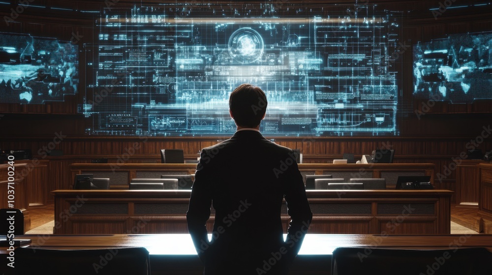 A lawyer utilizing advanced holographic technology to present legal cases in a futuristic courtroom, symbolizing the future of law. A lawyer utilizing advanced holographic technology to present legal cases in a futuristic courtroom, symbolizing the future of law.