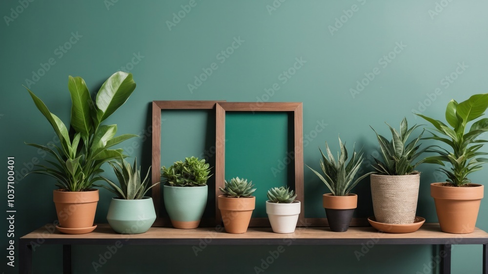 Stylish Indoor Plants in Various Pots on a Wooden Table Against a Green Wall Stylish Indoor Plants in Various Pots on a Wooden Table Against a Green Wall