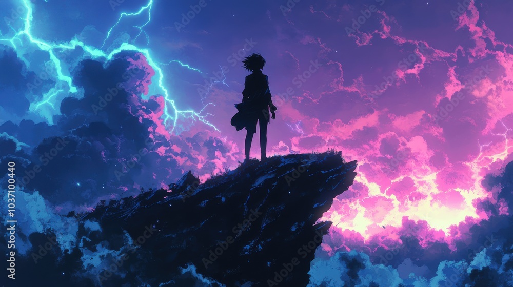 A dramatic anime illustration of a character standing on a cliff during a storm, their hair and clothes blowing in the wind, with lightning illuminating their determined expression. A dramatic anime illustration of a character standing on a cliff during a storm, their hair and clothes blowing in the wind, with lightning illuminating their determined expression.
