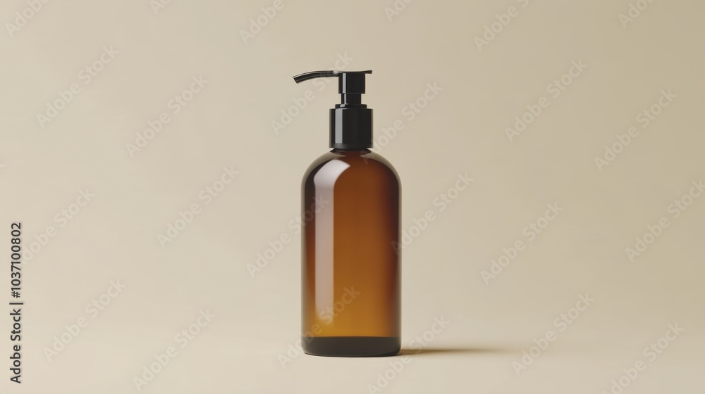 A minimalistic amber bottle with a pump set against a beige background, great for luxury beauty or health product presentations. A minimalistic amber bottle with a pump set against a beige background, great for luxury beauty or health product presentations.