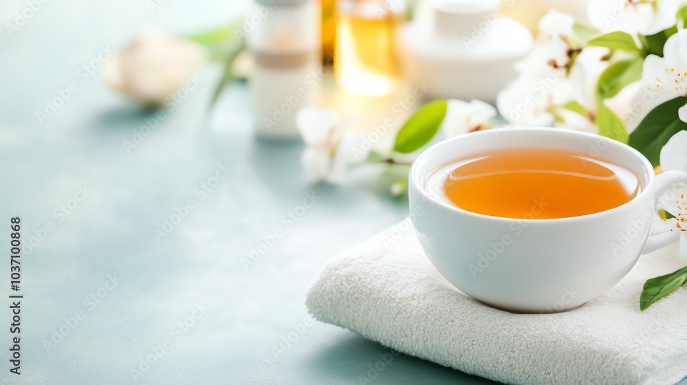 A serene image of a cup of herbal tea surrounded by flowers and spa essentials, ideal for wellness and relaxation themes. A serene image of a cup of herbal tea surrounded by flowers and spa essentials, ideal for wellness and relaxation themes.