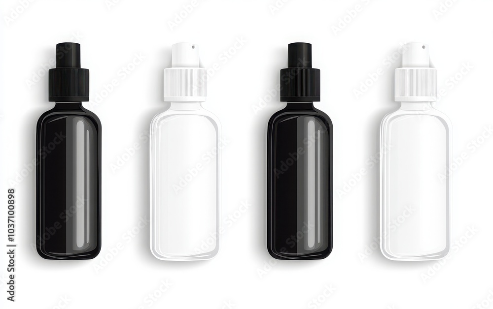 A detailed vector illustration of spray glass bottles with both white and black caps, isolated on a white background. Perfect for cosmetic, medical A detailed vector illustration of spray glass bottles with both white and black caps, isolated on a white background. Perfect for cosmetic, medical
