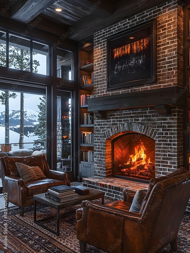 Cozy living room featuring two leather armchairs, a warm fire, and a view of snow-covered mountains. A perfect winter retreat for relaxation and comfort. Cozy living room featuring two leather armchairs, a warm fire, and a view of snow-covered mountains. A perfect winter retreat for relaxation and comfort.
