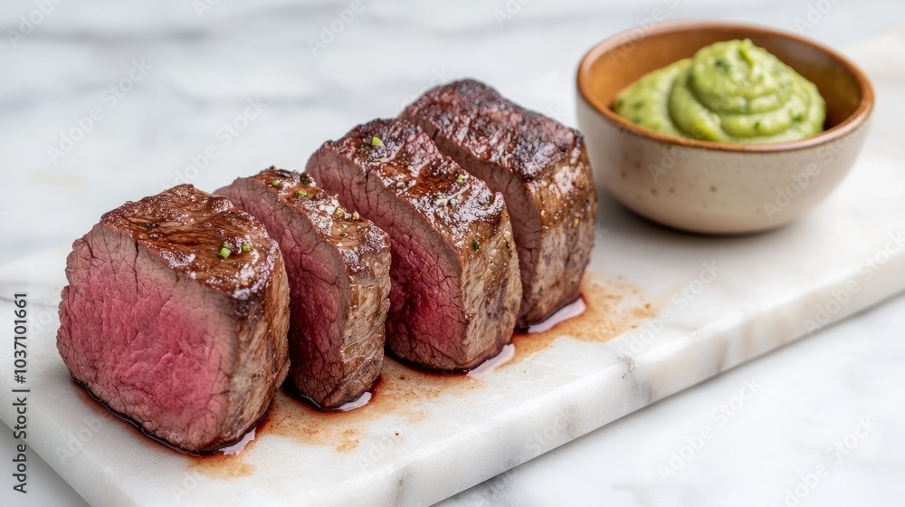 Seared steak sliced into four pieces with a side of creamy green sauce on a white marble platter. Seared steak sliced into four pieces with a side of creamy green sauce on a white marble platter.