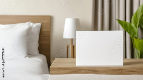 Blank white paper card sits on a wooden hotel room desk, ready for guests to leave a message photo