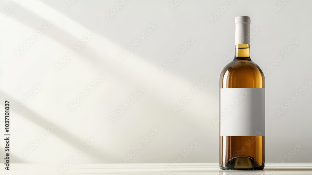 Bottle of white wine with an empty label on a table in a sunlit room, casting shadows Bottle of white wine with an empty label on a table in a sunlit room, casting shadows