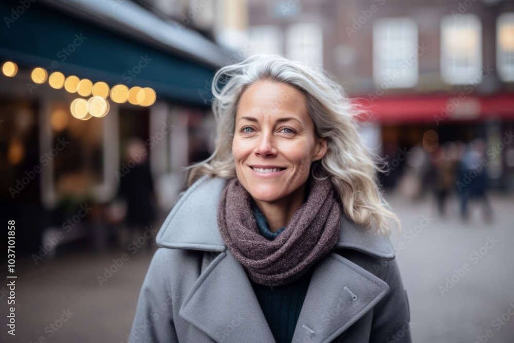 Portrait of happy mature woman in grey coat and scarf on city street Portrait of happy mature woman in grey coat and scarf on city street
