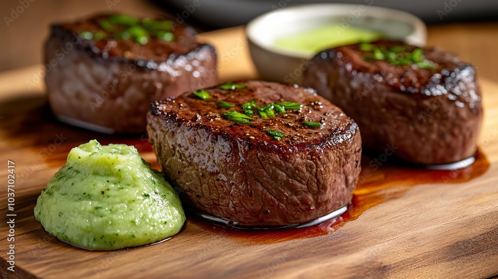 Three juicy grilled beef medallions with green herb sauce on a wooden board. Three juicy grilled beef medallions with green herb sauce on a wooden board.