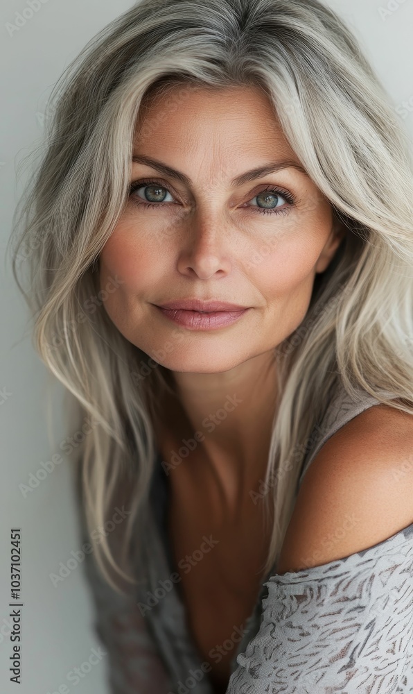 Portrait of a woman with long silver hair. Portrait of a woman with long silver hair.