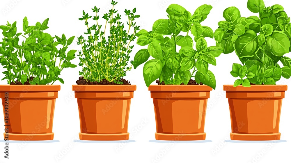 Fototapeta premium Four potted herbs, including basil, thyme and mint.