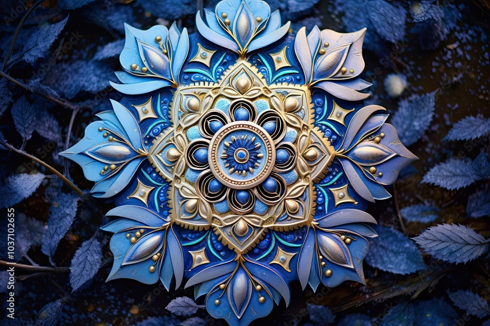 A stunning floral design showcases detailed blue petals and golden elements harmonizing beautifully with the dark foliage in a serene enchanting setting A stunning floral design showcases detailed blue petals and golden elements harmonizing beautifully with the dark foliage in a serene enchanting setting