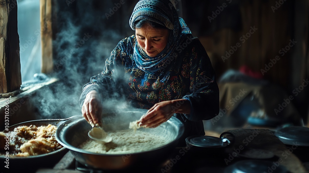 Woman in a Headscarf Cooking with Steam Rising from a Pot Woman in a Headscarf Cooking with Steam Rising from a Pot
