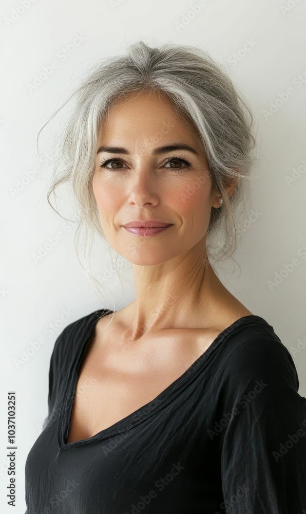 A woman with gray hair in a black shirt. A woman with gray hair in a black shirt.