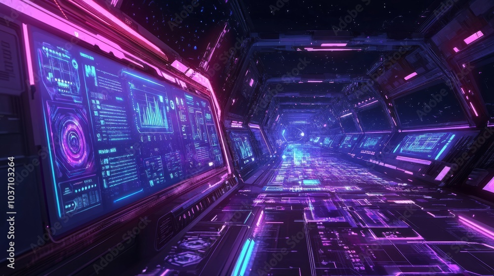 Futuristic spaceship corridor with glowing blue and pink lights and digital displays. Futuristic spaceship corridor with glowing blue and pink lights and digital displays.