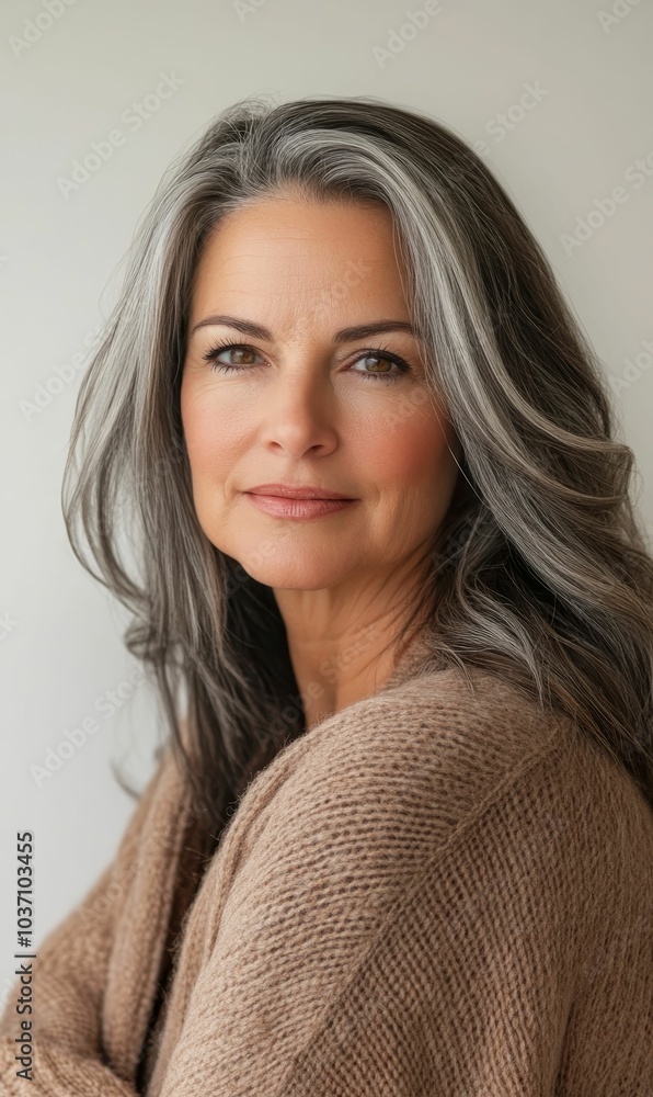 Woman with gray hair wearing a brown sweater. Woman with gray hair wearing a brown sweater.