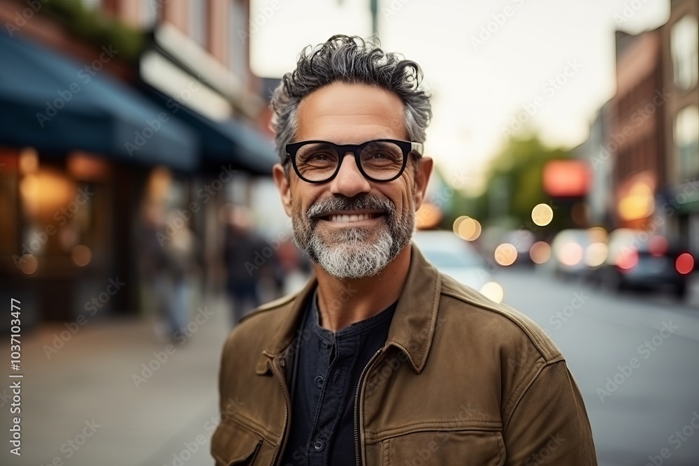 Portrait of a handsome middle-aged man with gray hair wearing glasses in a city street Portrait of a handsome middle-aged man with gray hair wearing glasses in a city street