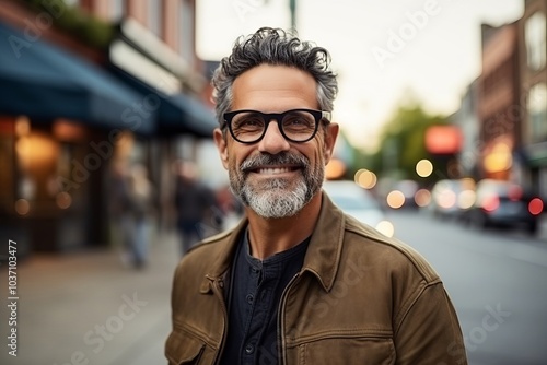 Portrait of a handsome middle-aged man with gray hair wearing glasses in a city street