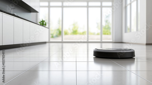 Modern robot vacuum effortlessly keeps a spotless floor in a sleek home  making cleaning a breeze with its smart  wireless technology
