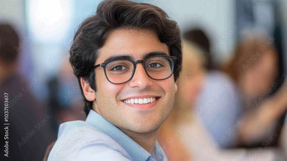 A young businessman wearing glasses, smiling warmly during a productive meeting, creating a positive work environment. A young businessman wearing glasses, smiling warmly during a productive meeting, creating a positive work environment.