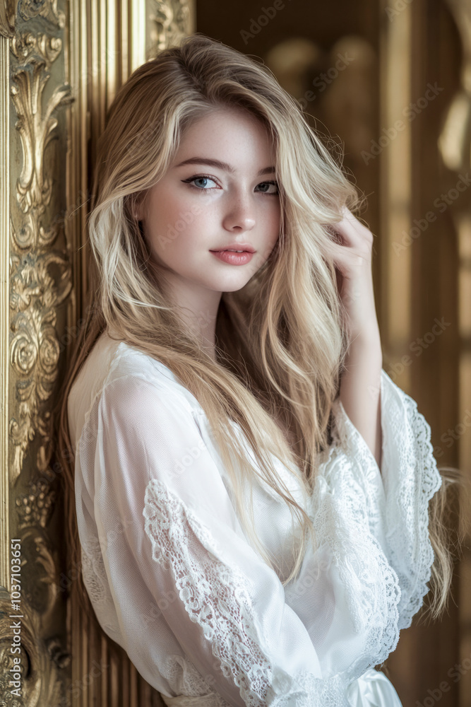 Fototapeta premium Elegant Blonde Woman in Lace Robe Posing Against Ornate Gold Background