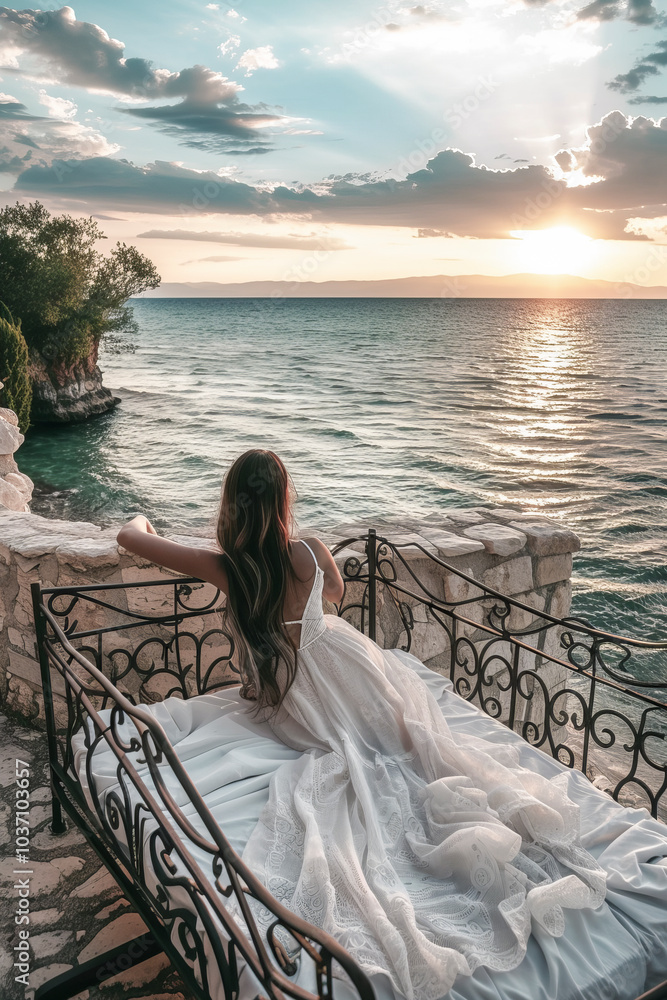 Fototapeta premium Woman in Flowing White Dress Enjoying a Scenic Ocean Sunset from a Seaside Balcony