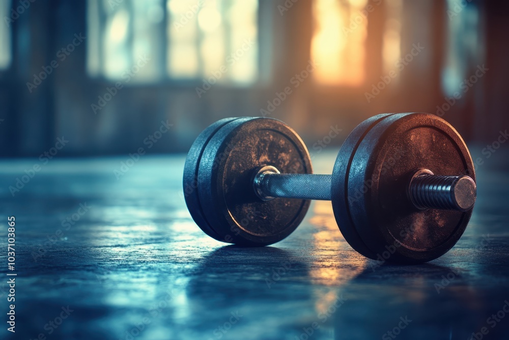 Heavy dumbbell resting on the gym floor during evening light in an urban fitness center Heavy dumbbell resting on the gym floor during evening light in an urban fitness center