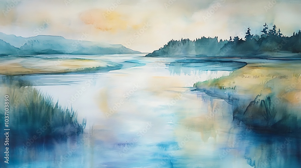 Watercolor Painting of a Serene River Winding Through a Forested Landscape Watercolor Painting of a Serene River Winding Through a Forested Landscape
