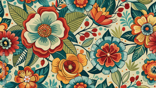 Seamless Vintage Floral Pattern with Vibrant Colors on a Retro Background	
