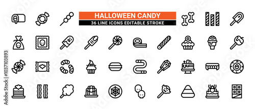 36 Halloween Sweets and Candies Line Icons Set Pack Editable Stroke Vector Illustration.