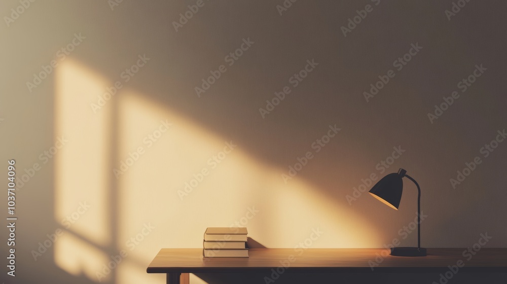 Sunlit Minimalist Desk with Books and Lamp Sunlit Minimalist Desk with Books and Lamp