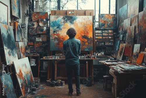 An artist contemplates a large canvas in a vibrant, cluttered studio filled with paintings.