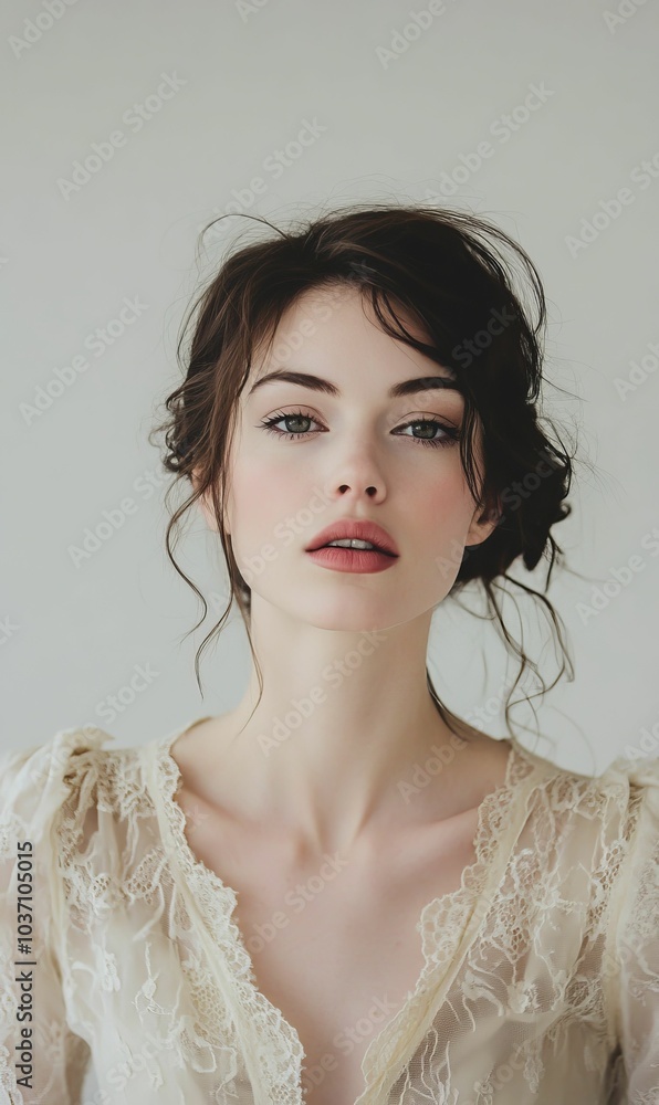 Woman with dark hair in white lace top. Woman with dark hair in white lace top.