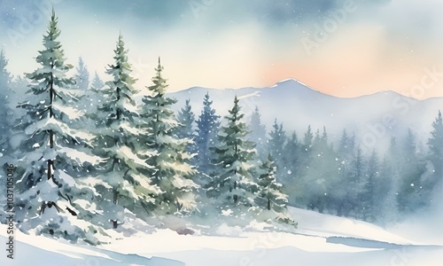 Watercolor winter landscape with snow-covered trees, perfect for Christmas cards and holiday-themed designs