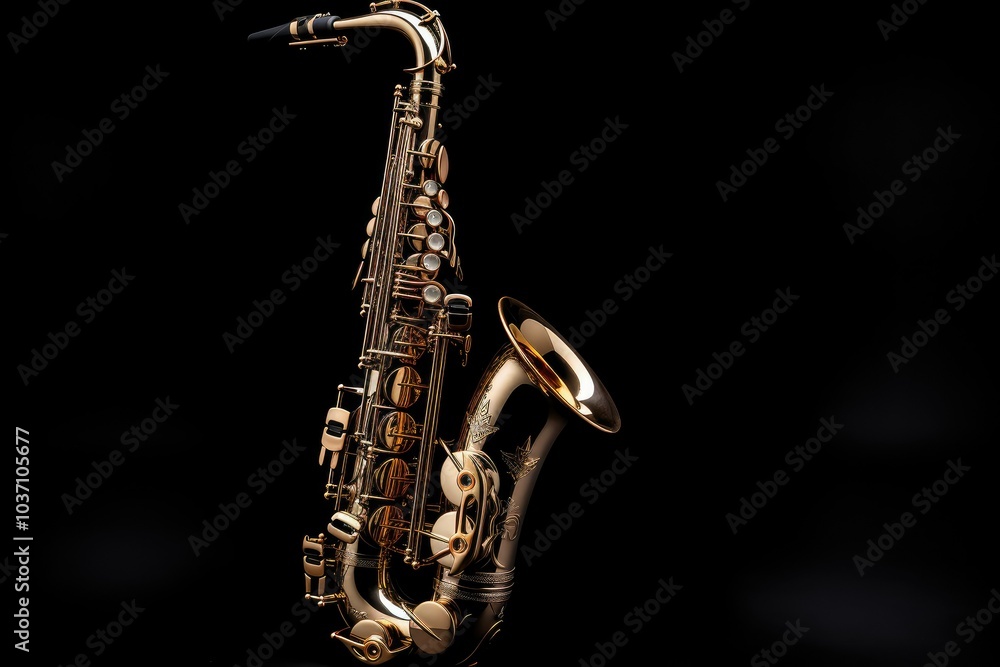 Obraz premium Against a black background a beautifully polished saxophone stands tall revealing its intricate design and gleaming finish that catch the light perfectly