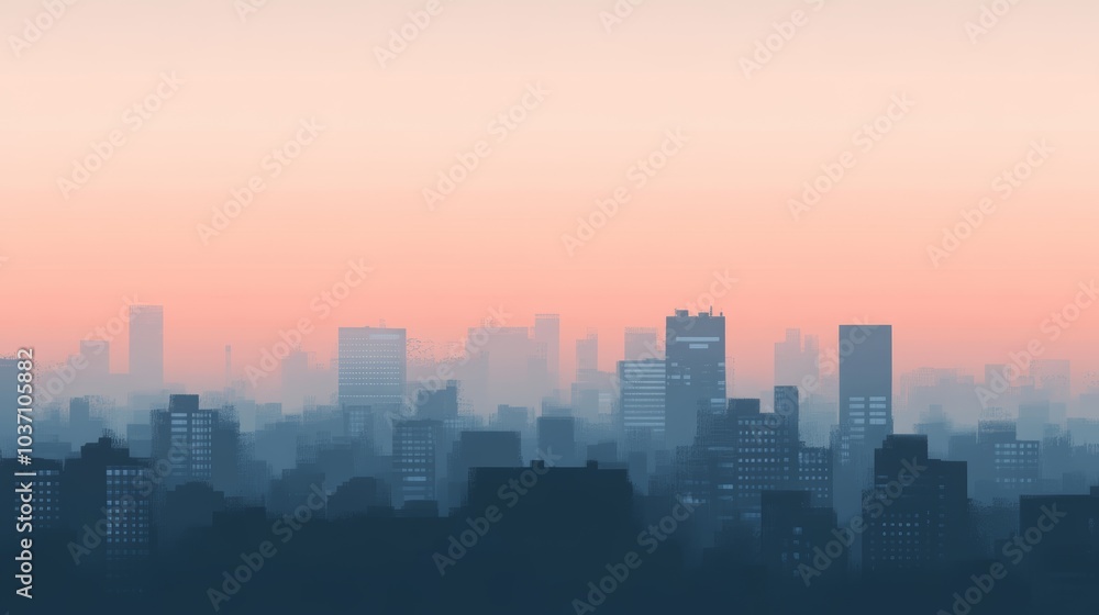 Serene Urban Sunrise. Misty Cityscape in Pastel Hues Serene Urban Sunrise. Misty Cityscape in Pastel Hues