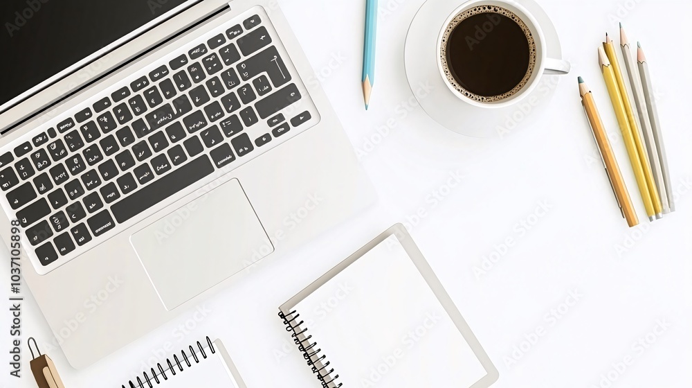 Overhead view of a laptop, coffee cup, notebook, and pencils on a white desk. Overhead view of a laptop, coffee cup, notebook, and pencils on a white desk.