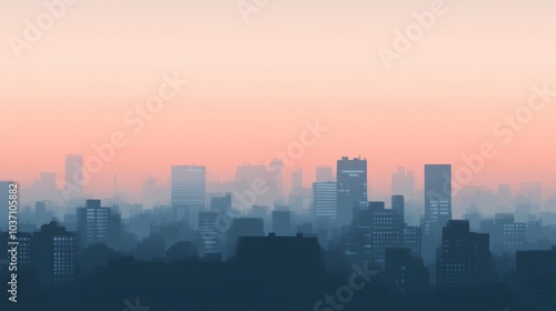 Serene Urban Sunrise. Misty Cityscape in Pastel Hues