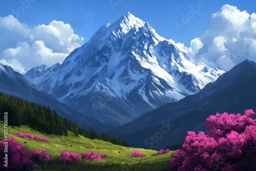 A serene mountain landscape with snow-capped peaks and vibrant pink flowers in the foreground.