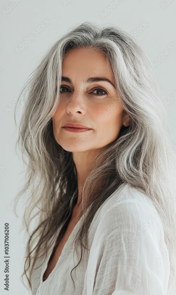 Naklejka premium A woman with gray hair looking at the camera.