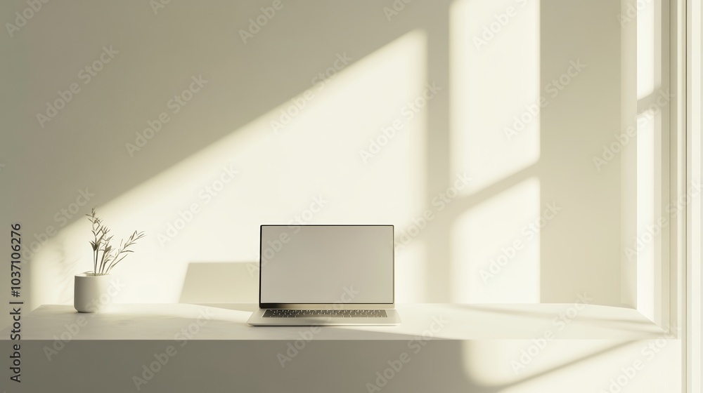 Minimalist Workspace with Laptop and Soft Sunlight Minimalist Workspace with Laptop and Soft Sunlight