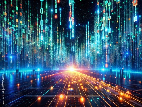 Aerial View of Streaming Binary Code in a Digital Matrix Environment for High-Tech Visualization