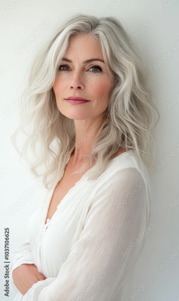 Woman with silver hair in white blouse. Woman with silver hair in white blouse.