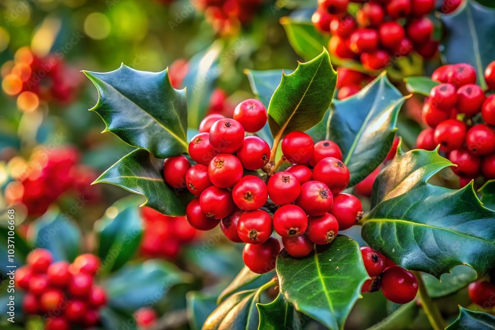 Aerial View of Vibrant Red Holly Berries and Lush Green Leaves for Holiday Decor Aerial View of Vibrant Red Holly Berries and Lush Green Leaves for Holiday Decor