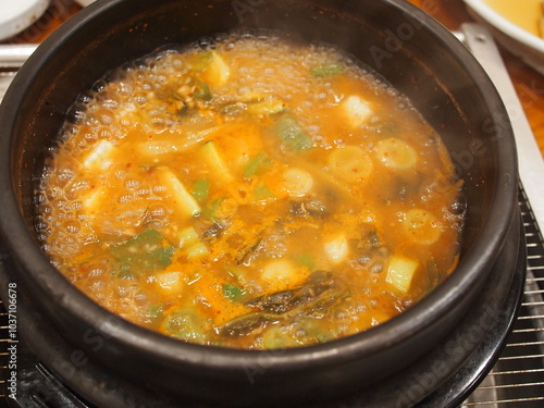 Korean's delicious soybean paste stew in a ttukbaegi