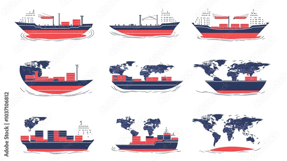 Set of nine illustrations of cargo ships with world map silhouettes on the hull. Set of nine illustrations of cargo ships with world map silhouettes on the hull.