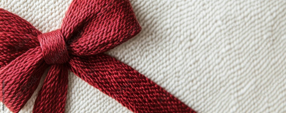 Close-up of textured red ribbon tied in a bow on white fabric Close-up of textured red ribbon tied in a bow on white fabric